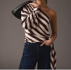 Anthropologie One-Shoulder Striped Satin Top in navy orange white